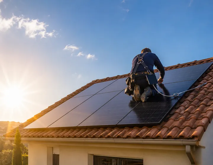 Illustration d’un professionnel posant des panneaux solaires sur une maison